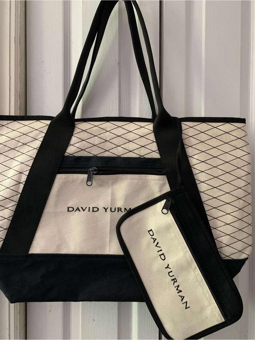 David Yurman Black and Cream Canvas Tote with Matching Pouch